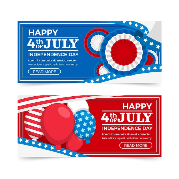 Vecteur gratuit jeu de bannières plat 4 juillet pour la fête de l'indépendance