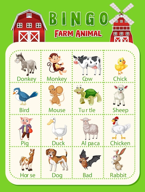 Vecteur gratuit jeu de bingo sur le thème des animaux de la ferme