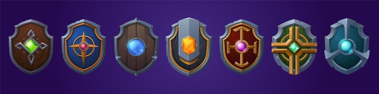 Vecteur gratuit jeu de boucliers de jeu cartoon fantasy armure médiévale