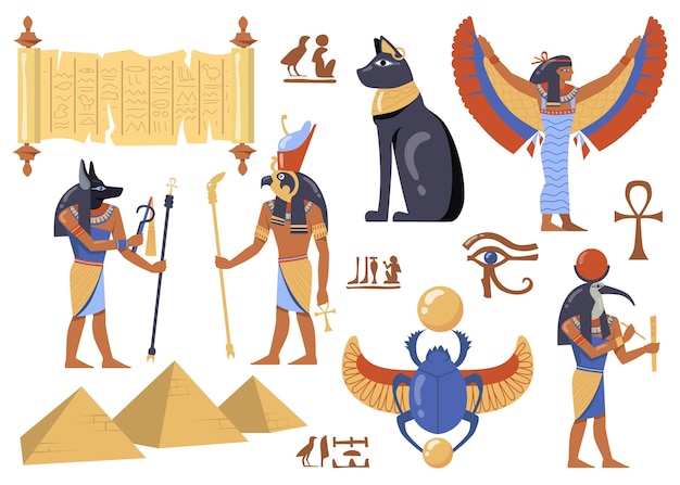 Vecteur gratuit jeu de caractères de la mythologie égyptienne. symboles de l'égypte ancienne, chat, iris, papyrus, divinités avec têtes d'oiseaux et d'animaux, scarabaeus sacer, pyramides.