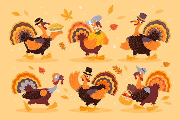 Vecteur gratuit jeu de caractères de thanksgiving dessinés à la main