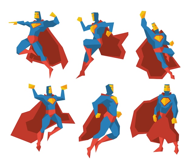 Vecteur gratuit jeu de caractères de vecteur de silhouettes de super-héros. super puissance, illustration de l'homme multi-facettes polygonale de force