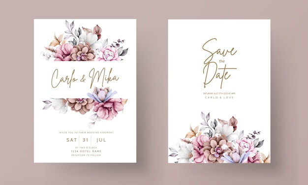 Vecteur gratuit jeu de cartes d'invitation de mariage avec de belles fleurs couronne