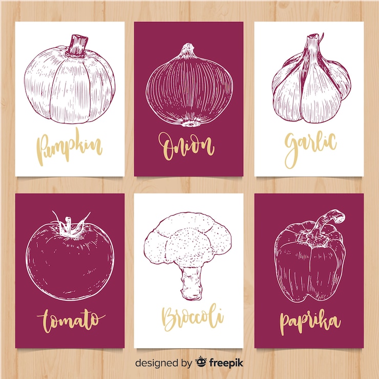 Vecteur gratuit jeu de cartes de nourriture de légumes dessinés à la main