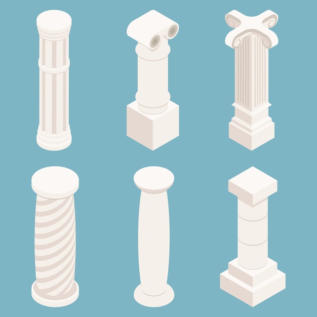 Jeu de colonnes isométriques 3d vectorielles. Symbole d'architecture, pierre d'histoire, monument classique, illustration de pilier de construction