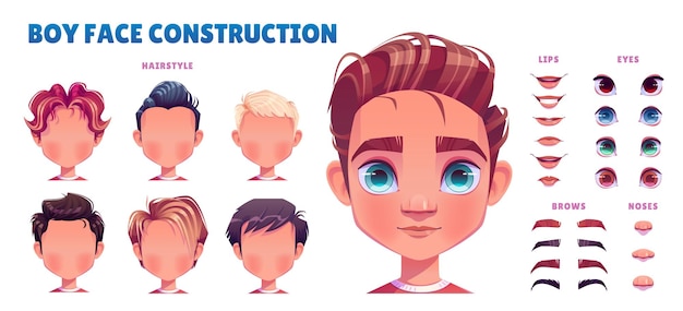 Vecteur gratuit jeu de construction d'avatar garçon création de visage d'enfant