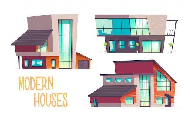 Vecteur gratuit jeu de dessin animé de maisons modernes isolé sur blanc