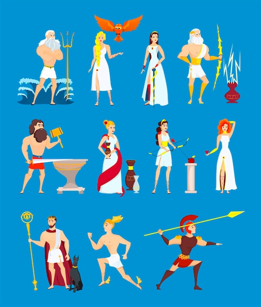 Jeu de dieux grecs de dessin animé. Héros olympiens antiques isolés sur fond bleu. Illustration de bande dessinée