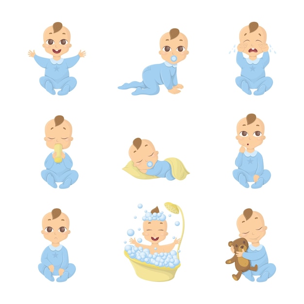 Jeu d'emoji bébé Personnage de dessin animé mignon drôle sur fond blanc Garçon en bleu