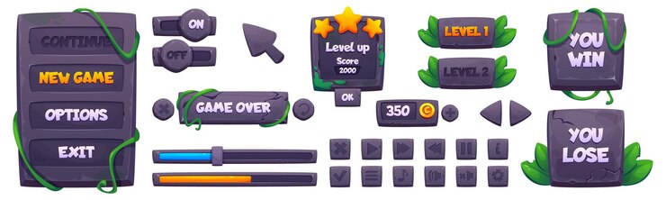 Vecteur gratuit le jeu est conçu avec des éléments de pierre et de feuilles de jungle.