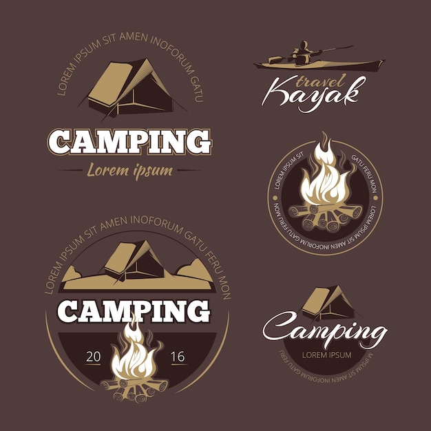 Vecteur gratuit jeu d'étiquettes de couleur vintage aventure en plein air et camping vector. étiquette camping en plein air, camping vintage, illustration de camping aventure logo