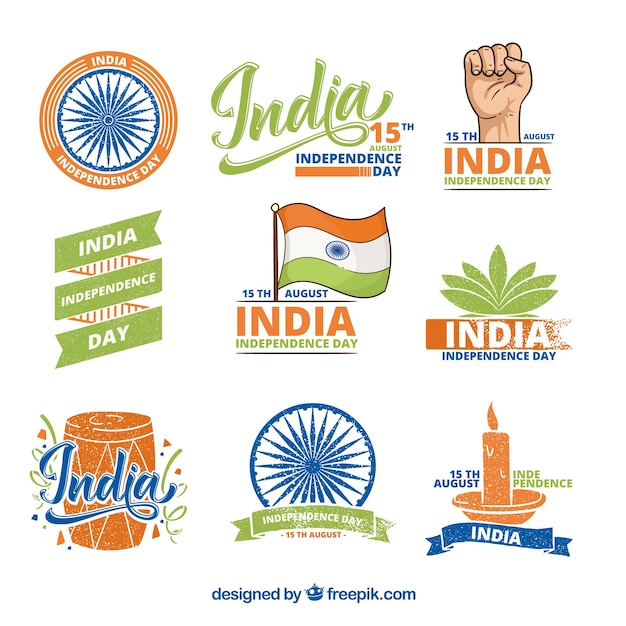 Vecteur gratuit jeu d'étiquettes de l'inde fête de l'indépendance