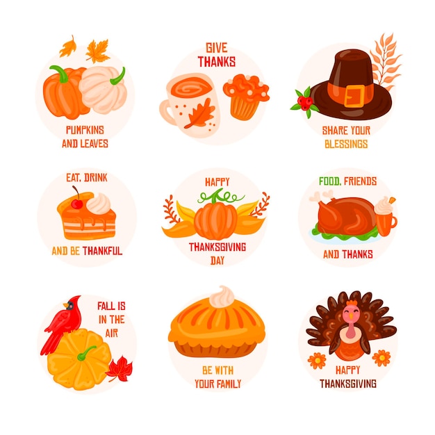 Jeu D'étiquettes De Thanksgiving Dessinés à La Main