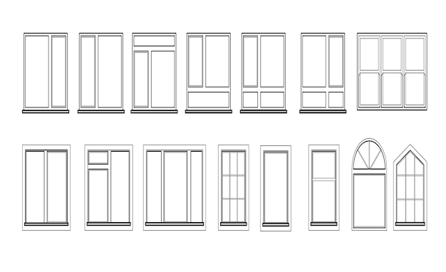 Vecteur gratuit jeu de fenêtres isolé sur fond blanc. élément de fenêtre vectorielle fermée d'architecture et de design d'intérieur. illustration en couleur noire isolée sur fond blanc.