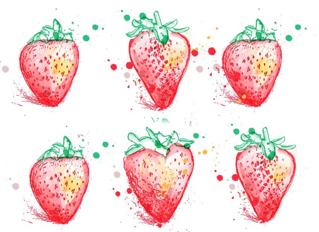 Jeu de fraises textures splash coloré vecteur aquarelle
