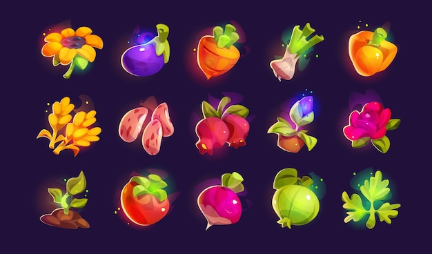 Vecteur gratuit jeu de fruits et légumes de jeu d'interface utilisateur de ferme et de jardinage illustration d'aliments isolés pour l'interface d'application mibile avec lueur et vapeur tournesol brillant carotte poivre et tomate avec éclat et brume