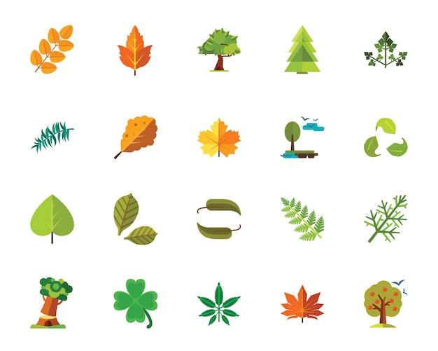 Vecteur gratuit jeu d'icônes arbres et feuilles