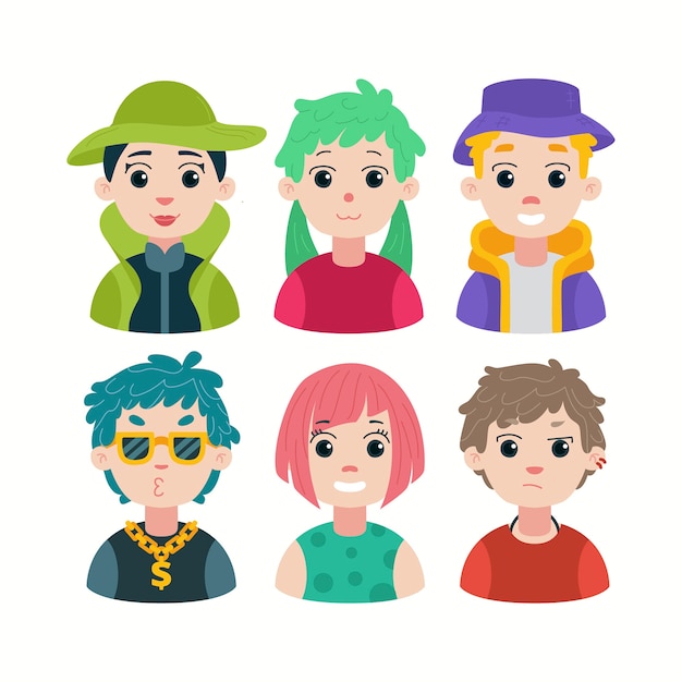 Vecteur gratuit jeu d'icônes d'avatars jeune démarrage