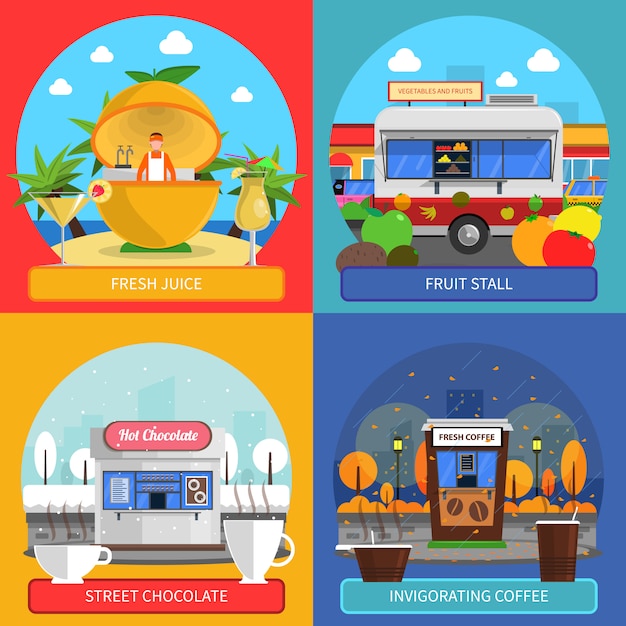 Vecteur gratuit jeu d'icônes de concept de nourriture de rue