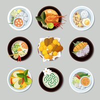 Jeu d'icônes de cuisine thaïlandaise. crevettes et restaurant traditionnel, cuisine et menu, illustration vectorielle