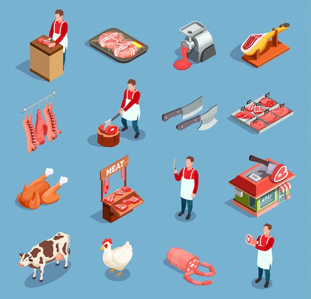 Vecteur gratuit jeu d'icônes du marché de la viande