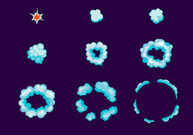 Jeu d'icônes d'explosion de bombe vue de dessus animation étape par étape avec effet de boom sur le noir