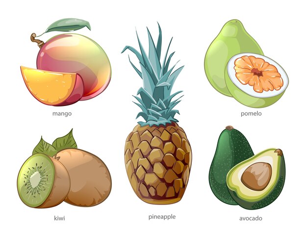 Jeu d'icônes de fruits tropiques exotiques de dessin animé. Pomelo mangue ananas kiwi