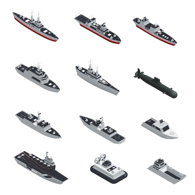 Jeu d&#39;icônes isolé isométrique de bateaux militaires de couleur sombre