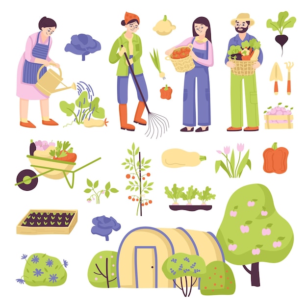 Vecteur gratuit jeu d'icônes de jardin semis brouette avec plantes cultures serres personnes qui prennent soin de l'illustration vectorielle de jardin