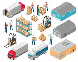 Vecteur gratuit jeu d'icônes logistique entrepôt isométrique