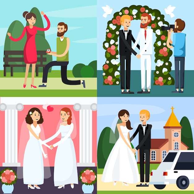 Vecteur gratuit jeu d'icônes orthogonales personnes mariage