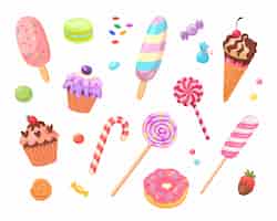 Vecteur gratuit jeu d'icônes plat bonbons et gâteaux