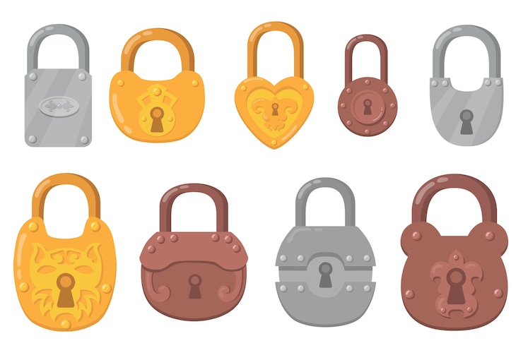 Vecteur gratuit jeu d'icônes plat de cadenas en fer. serrures à clé de dessin animé pour la protection de sûreté et de sécurité collection d'illustration vectorielle isolée. mécanismes sécurisés et concept de cryptage