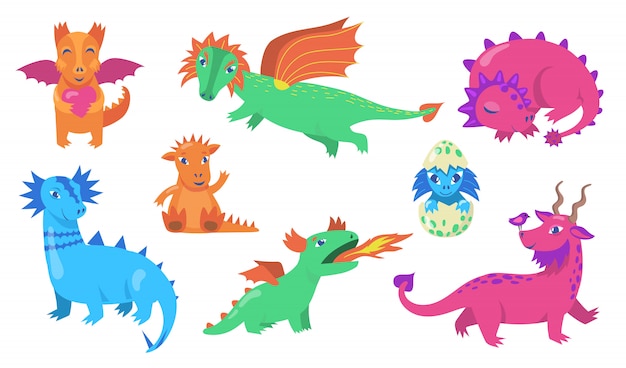 Vecteur gratuit jeu d'icônes plat mignon dragons de conte de fées