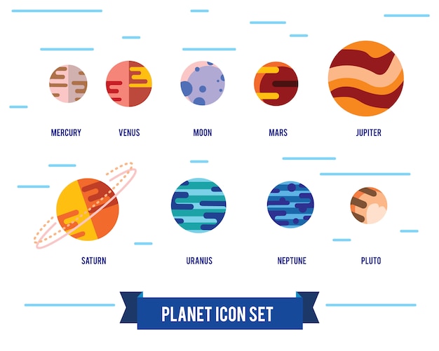 Vecteur gratuit jeu d'icônes plat des planètes du système solaire, le soleil et la lune sur fond d'espace sombre.