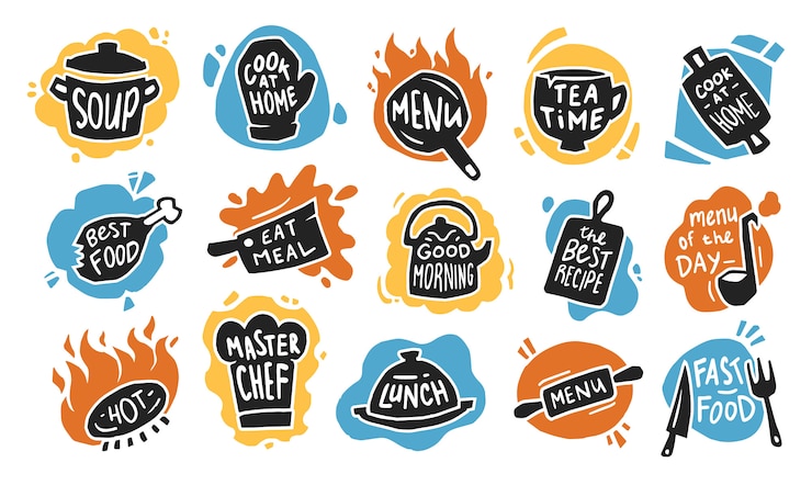 Vecteur gratuit jeu d'icônes plat de typographie alimentaire