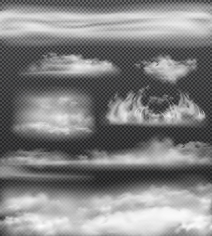 Jeu d'icônes réaliste de brouillard blanc isolé et différentes tailles sur fond transparent illustration