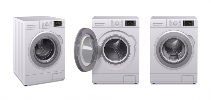 Vecteur gratuit jeu d'icônes réalistes de machine à laver trois produits d'appareils électroménagers dans des positions différentes