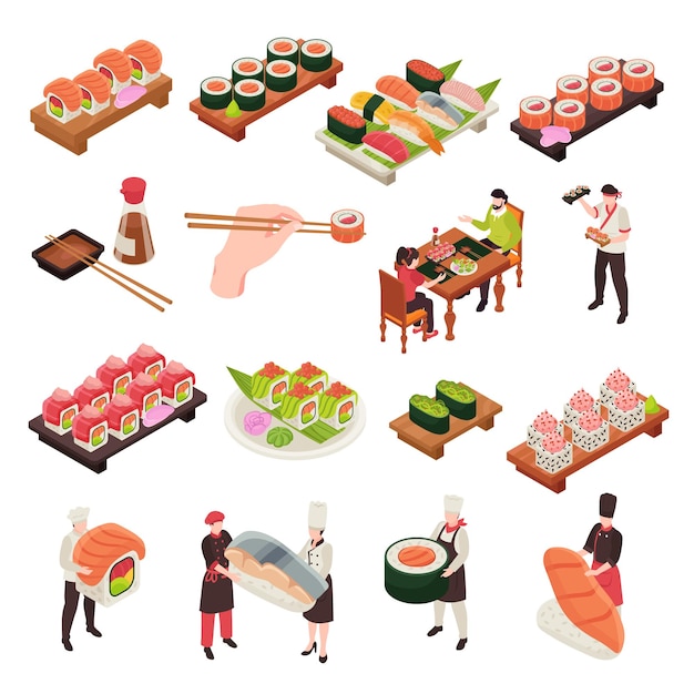 Vecteur gratuit jeu d'icônes de sushi isométrique rouleaux de différentes tailles et résumés enveloppés dans une illustration vectorielle de nori et de poisson