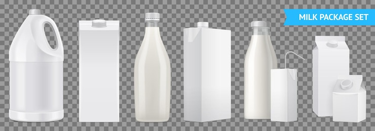 Vecteur gratuit jeu d'icônes transparentes de paquet de lait réaliste