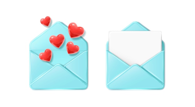 Jeu d'icônes vectorielles Enveloppes bleues avec lettre blanche et coeurs Lettre d'amour isolé sur fond blanc