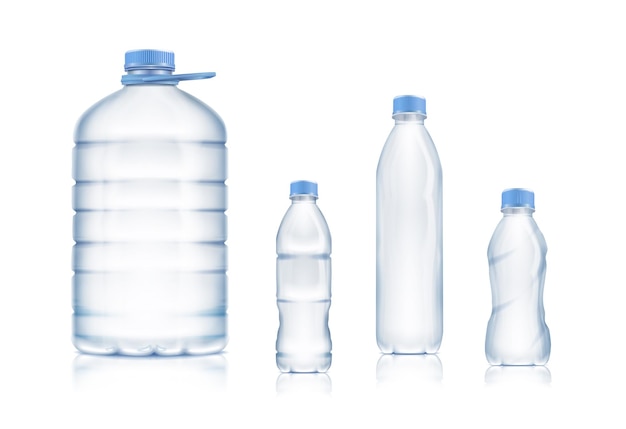 Vecteur gratuit jeu d'icônes vectorielles réalistes collection de bouteilles en plastique grandes petites et différentes formes