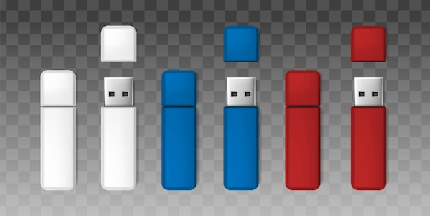 Vecteur gratuit jeu d'icônes vectorielles réalistes maquette de lecteur flash usb blanc bleu rouge