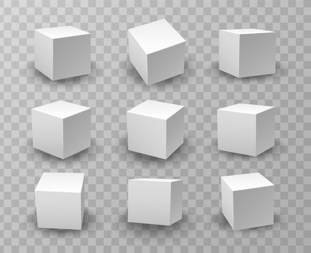 Vecteur gratuit jeu d'icônes vectorielles réalistes maquettes de cube de modélisation blanches sous différents éclairs