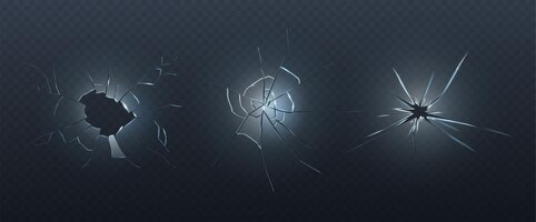 Vecteur gratuit jeu d'icônes vectorielles réalistes verre transparent écrasé fissuré avec trous de balle