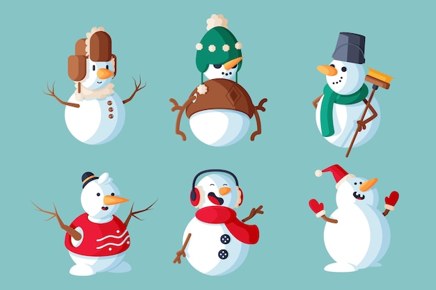 Vecteur gratuit jeu d'illustration de caractère design plat bonhomme de neige