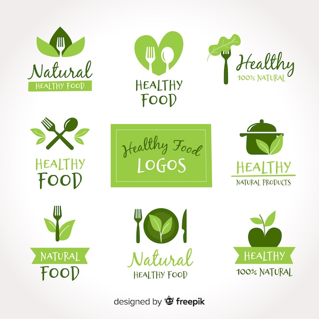 Jeu de logo d&#39;aliments sains dessinés à la main