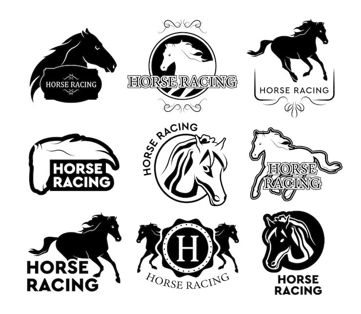 Vecteur gratuit jeu de logo de course de chevaux. cheval en cours d'exécution illustrations isolées avec du texte et des cadres dans des styles vintage. peut être utilisé pour les étiquettes de sport équestre ou les modèles de badges de club de polo