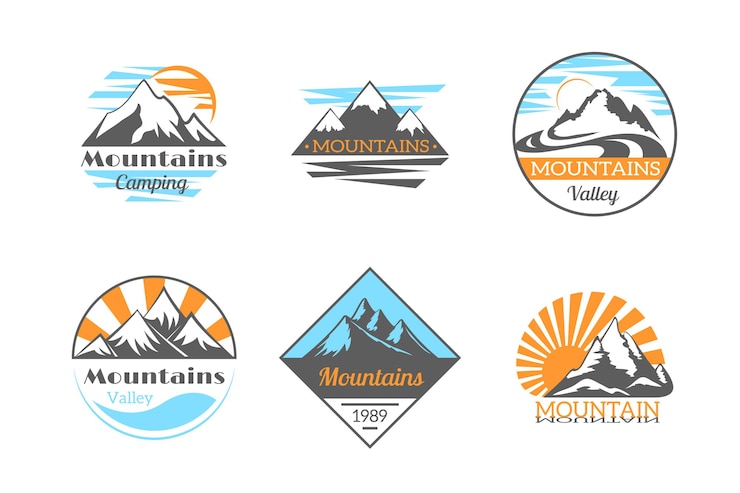 Vecteur gratuit jeu de logo de montagnes. camping en plein air en montagne. insigne d'escalade, de randonnée et d'aventure