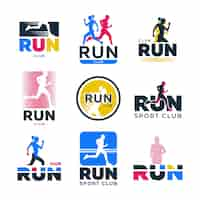 Vecteur gratuit jeu de logo plat rétro différent. silhouettes colorées de coureurs et d'athlètes jogging collection d'illustration vectorielle marathon. club de sport, mode de vie actif et exercice